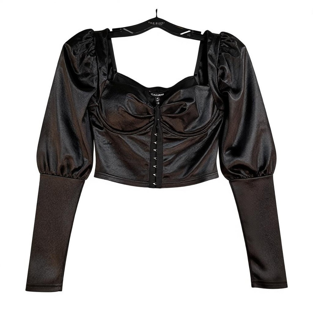 New Fashion Nova Black Satin Crop Top Small Party Long Sleeve Whimsigoth Goth